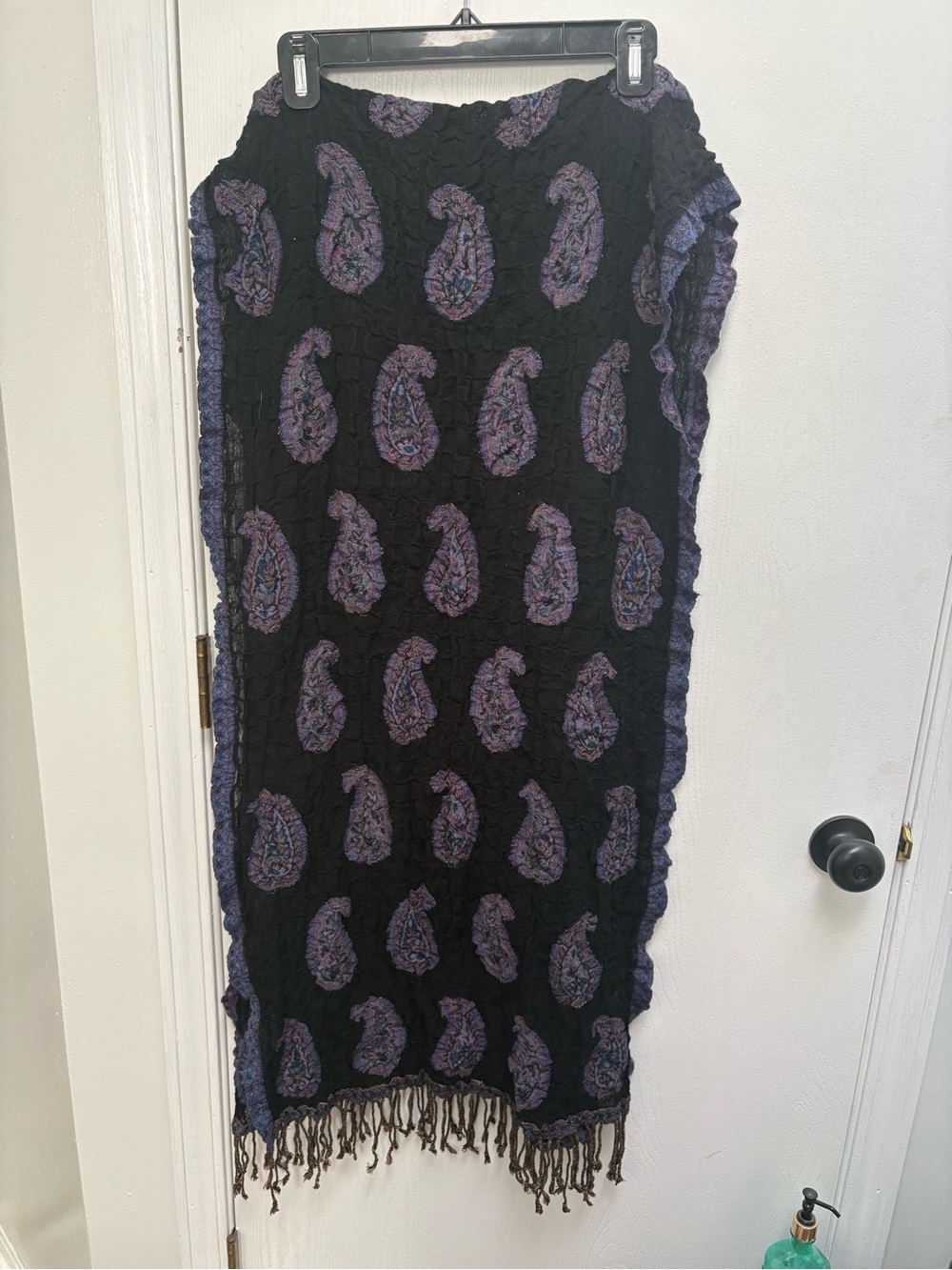 Black Paisley Fringe Scarf/Wrap with Purple Accents